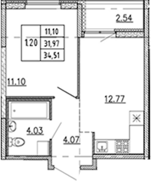1-комнатная квартира 31.97 м², 18/22 эт., ЖК «Новые горизонты 2»